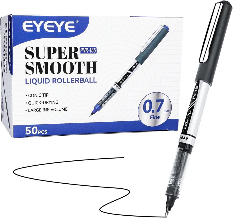 EYEYE 50 Pack 0.7mm Black Rollerball Pens, Medium Point Roller Ball Pen Quick Dry, Liquid Ink Pens Fine Point Smooth Writing Pen for Journaling, Note Taking, Office and School Supplies - Image 2